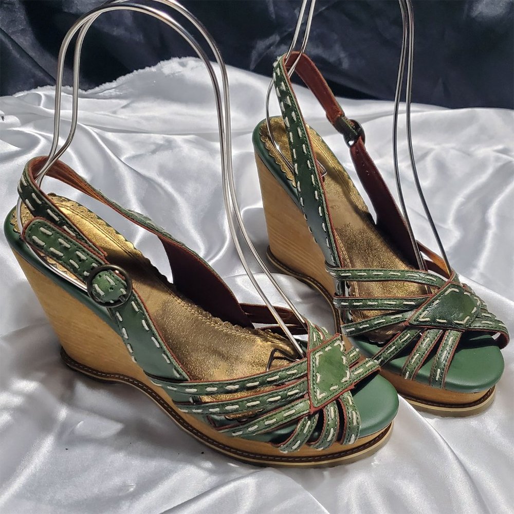 SEYCHELES BOHO green strappy sling back brown wedge platform heeled sandals 8.5
